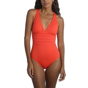 La Blanca V-Neck One-Piece Swimsuit in Bright Coral